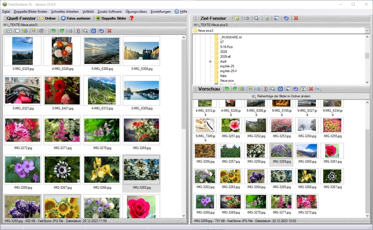 FotoSortierer XL: Ansicht zum Finden doppelter Bilder